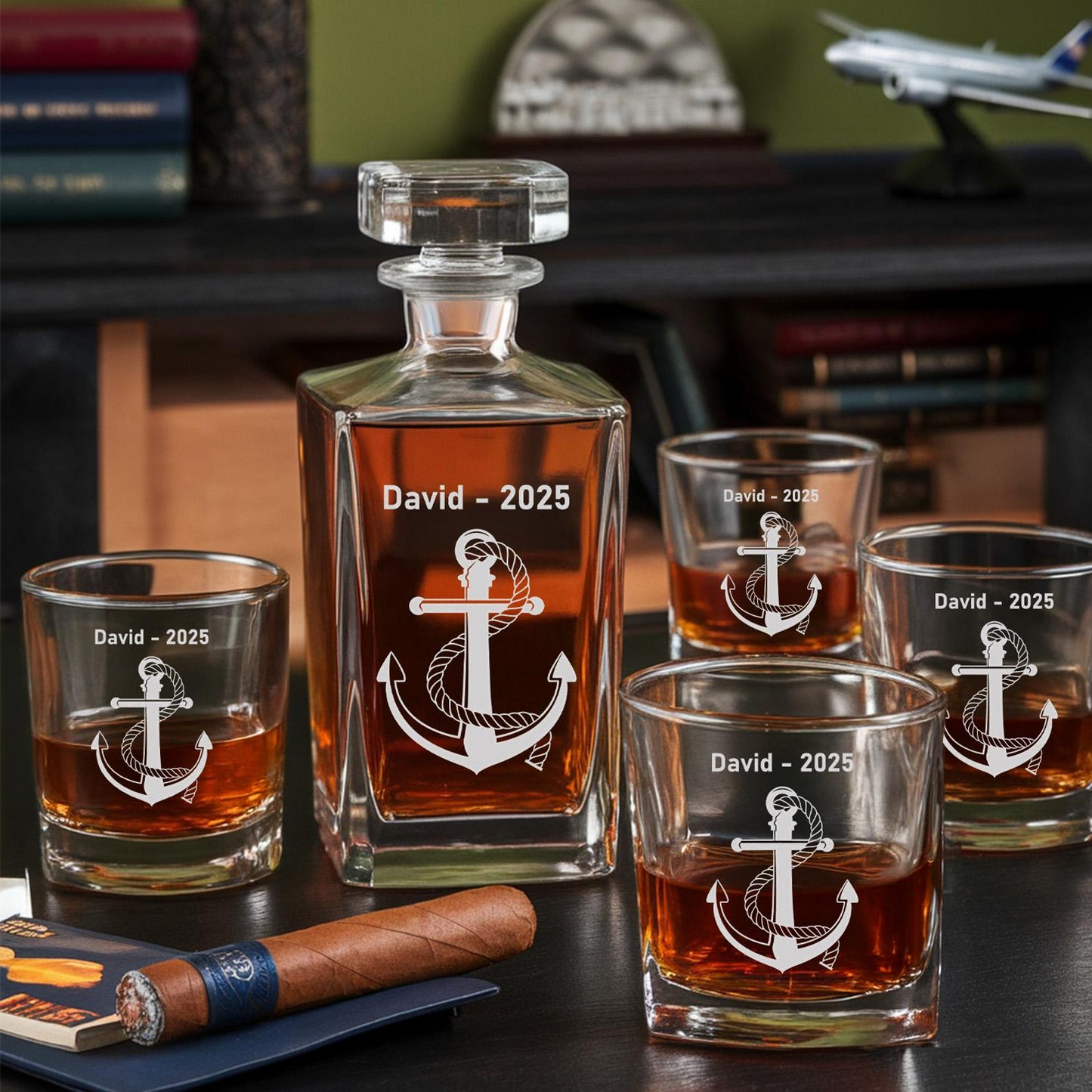 Anchor Wheel Monogram Engraved Whiskey Glass And Decanter Set | Engraved Gift For Retirement