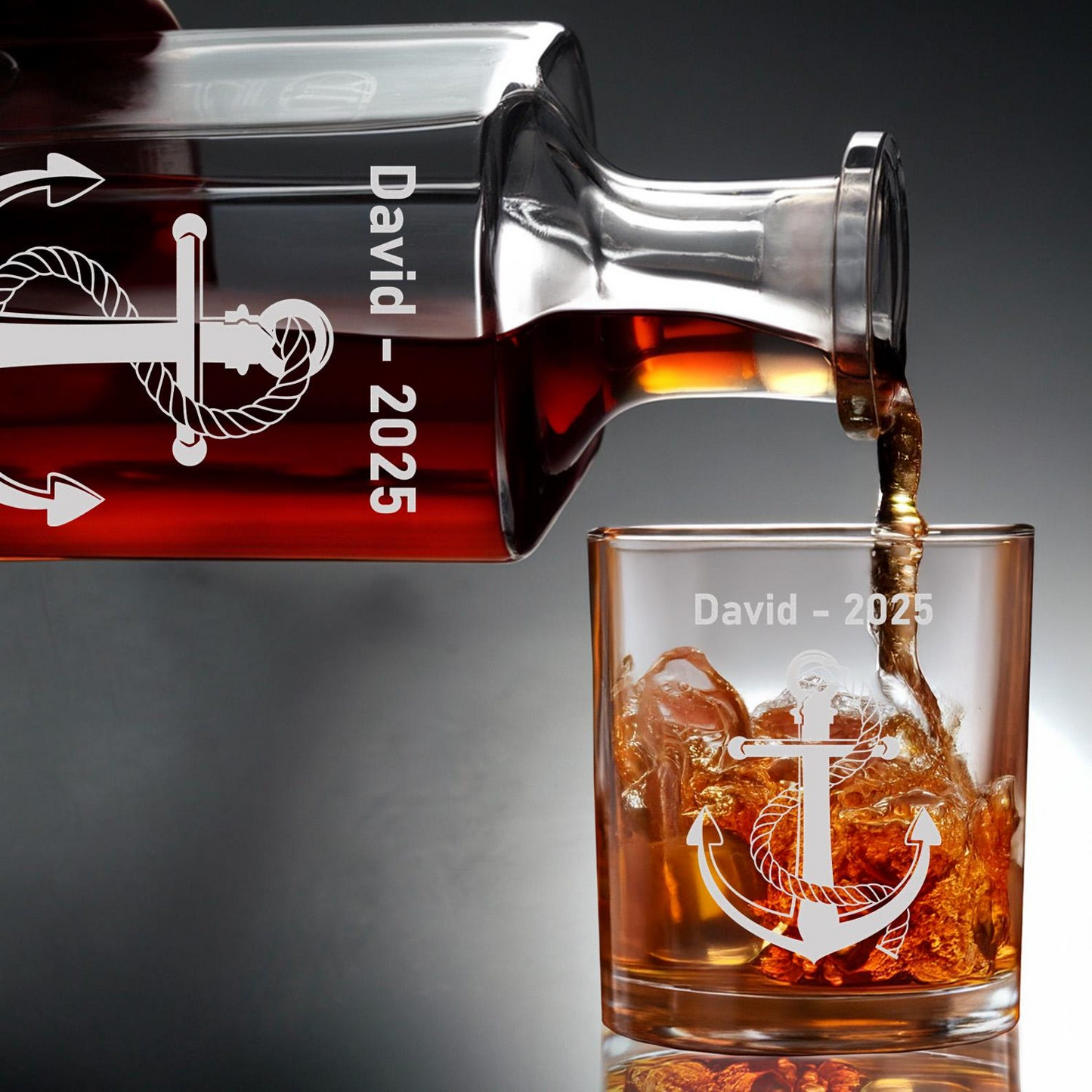Anchor Wheel Monogram Engraved Whiskey Glass And Decanter Set | Engraved Gift For Retirement