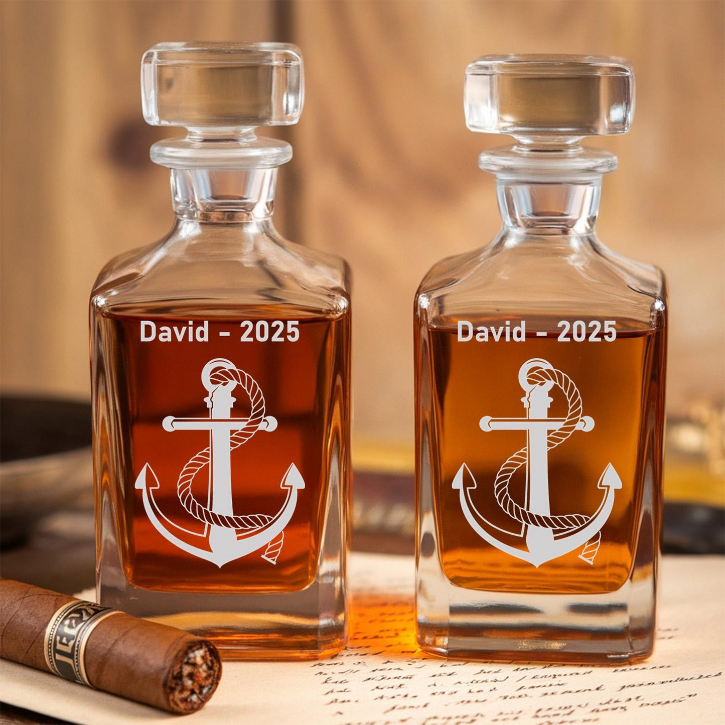 Anchor Wheel Monogram Engraved Whiskey Glass And Decanter Set | Engraved Gift For Retirement