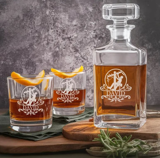 Personalized Electrician Custom Logo Whiskey Glass And Decanter Set | Best Gift For Electrician | Engraved Gift For Electrician