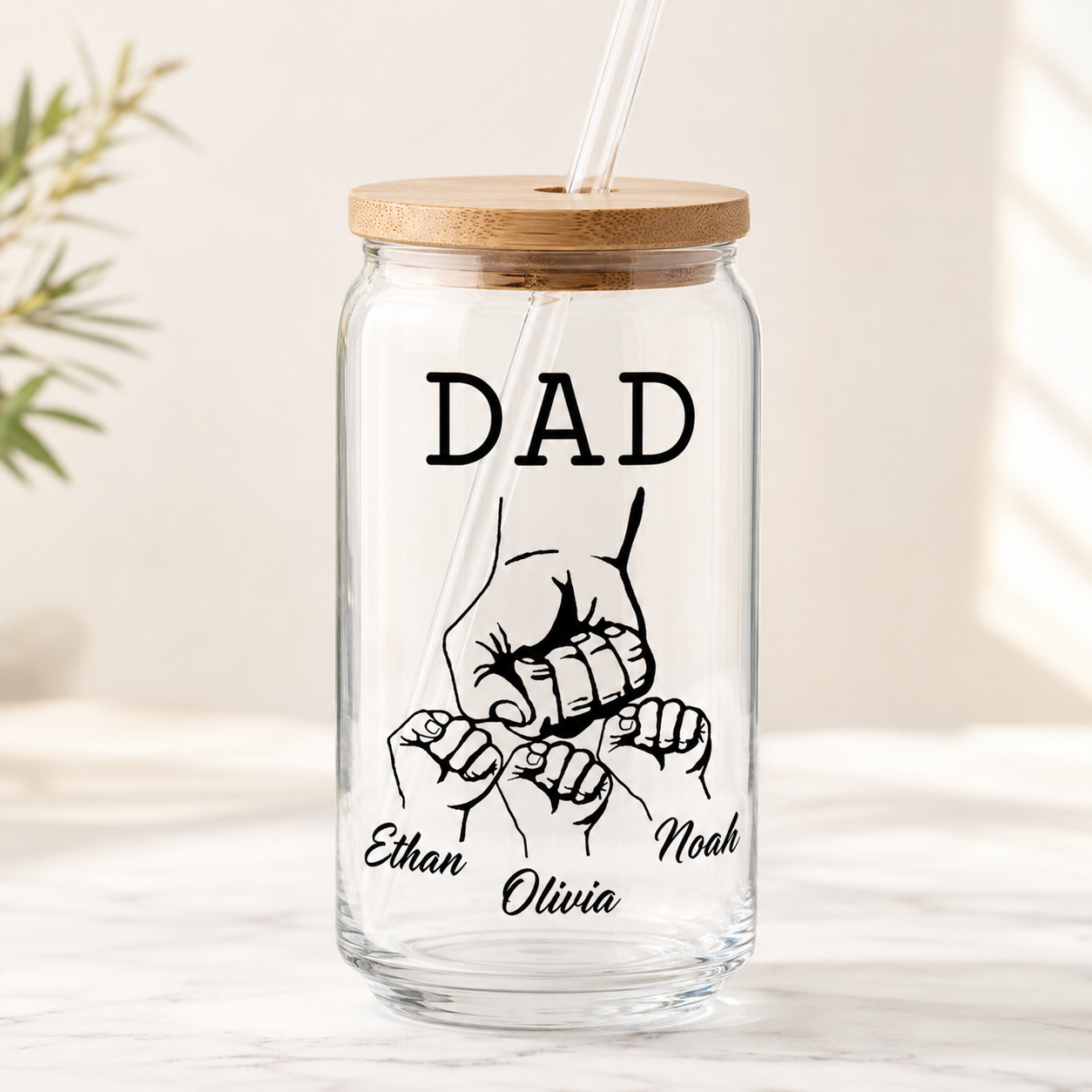 Custom Dad Bump Glass 16oz – Personalized Dad Glass Cup with Bamboo Lid & Straw | Gift For Father  TOM99