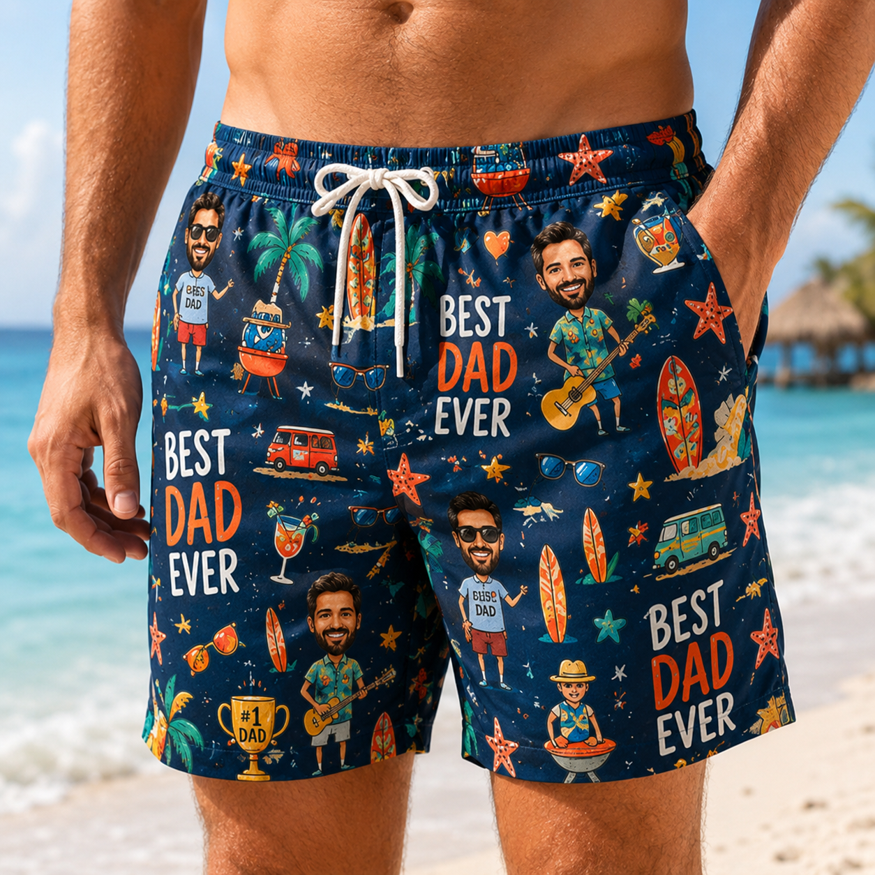 Custom Photo Dad Summer Beach Shorts, Personalized Matching Swim Trunks, Tropical Family Vacation Gift