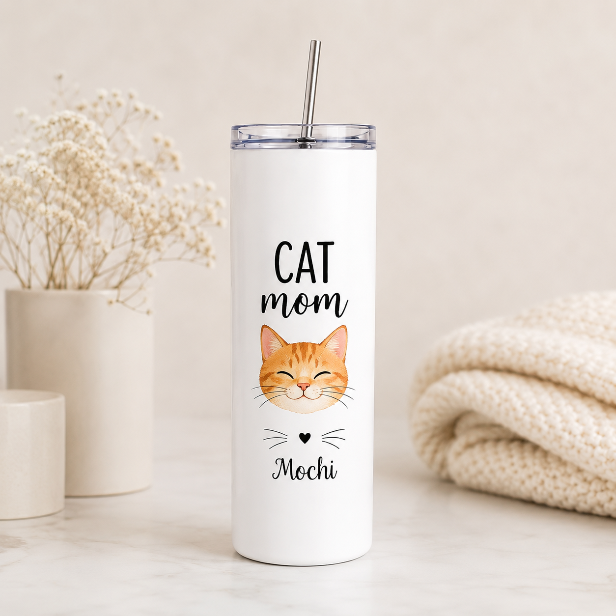 Personalized Photo Cat Mom 20oz Skinny Tumbler – Custom Cat Photo Skinny Tumbler for Woman and Cat Owners TOM99