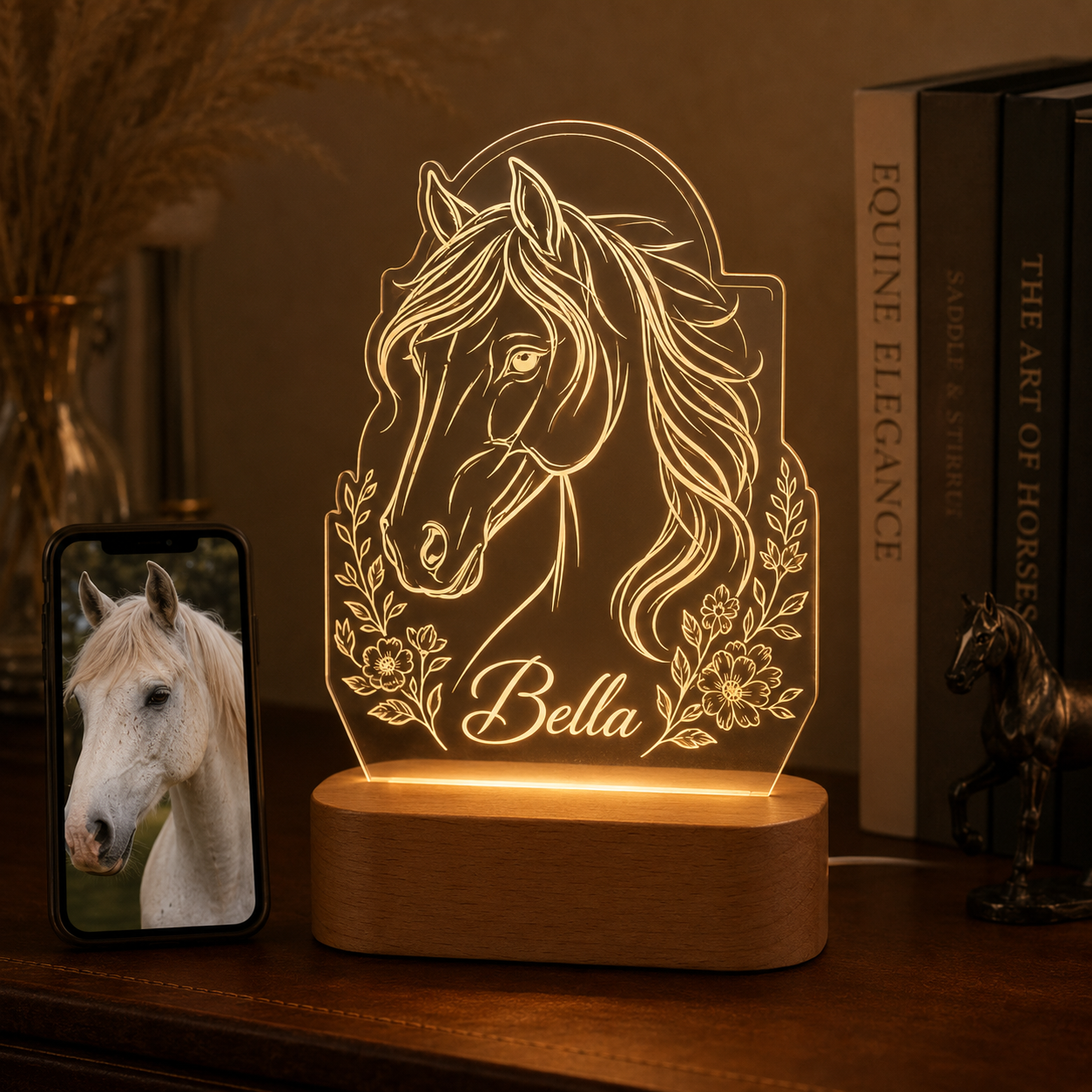 Custom Photo Horse Wooden Led Light | Personalized Horse Photo Wooden Led Light | Gift For Horse Lovers TOM99