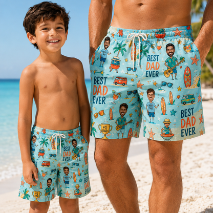 Custom Photo Dad Summer Beach Shorts, Personalized Matching Swim Trunks, Tropical Family Vacation Gift