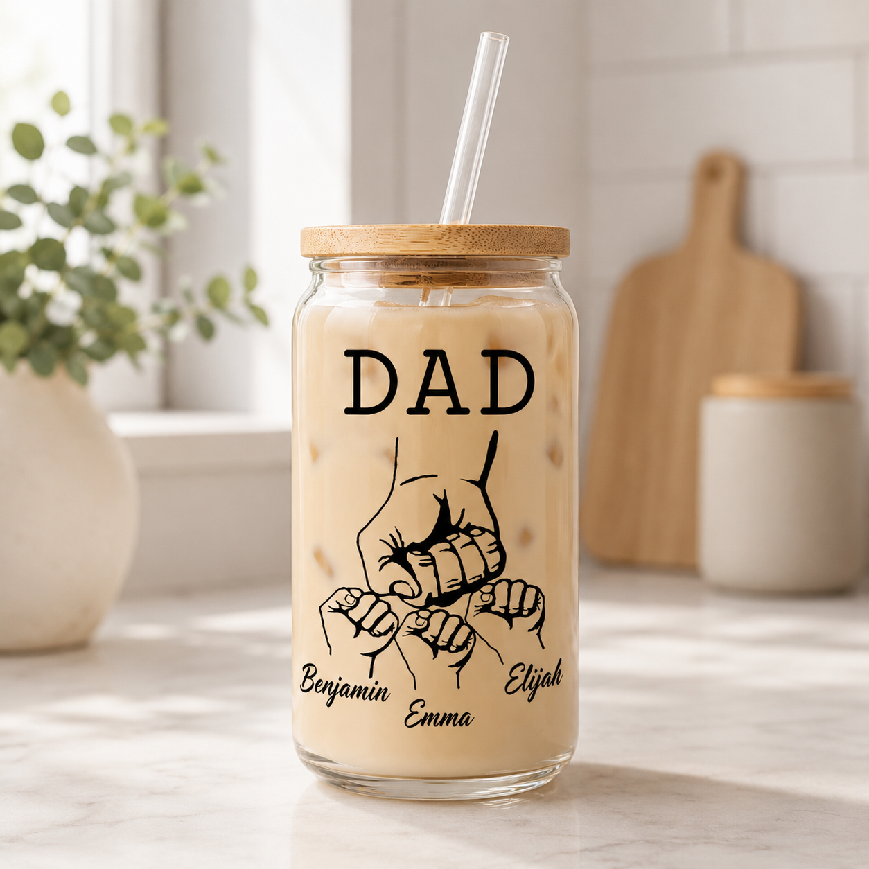 Custom Dad Bump Glass 16oz – Personalized Dad Glass Cup with Bamboo Lid & Straw | Gift For Father  TOM99