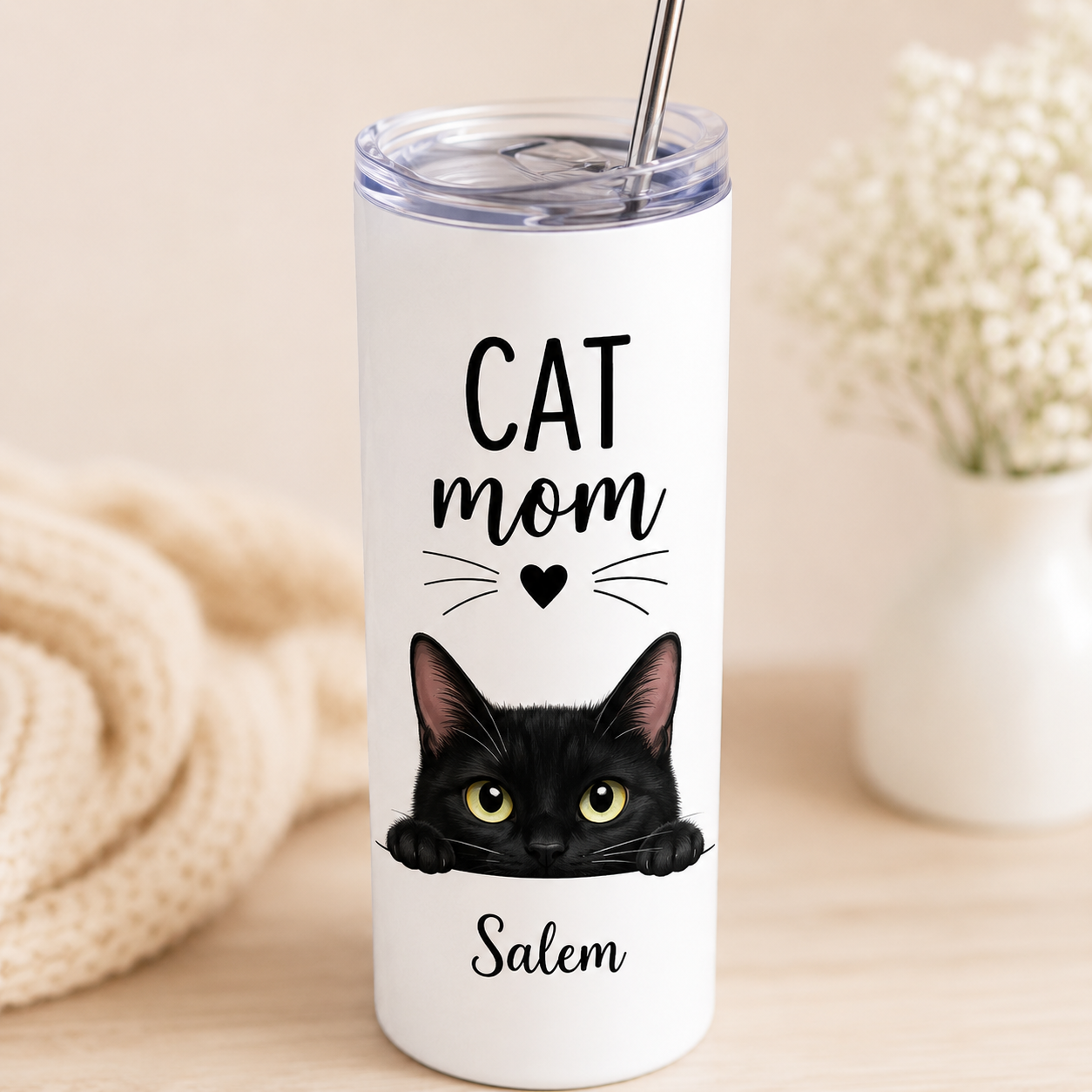 Personalized Photo Cat Mom 20oz Skinny Tumbler – Custom Cat Photo Skinny Tumbler for Woman and Cat Owners TOM99