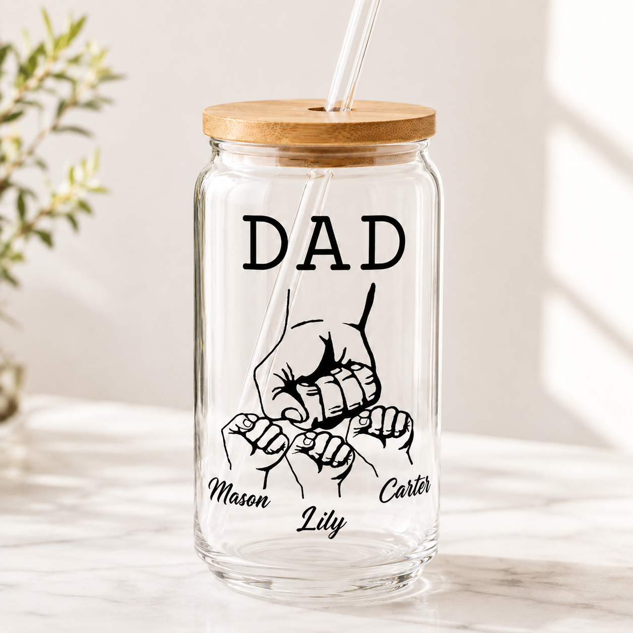 Custom Dad Bump Glass 16oz – Personalized Dad Glass Cup with Bamboo Lid & Straw | Gift For Father  TOM99