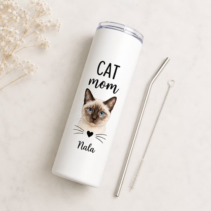 Personalized Photo Cat Mom 20oz Skinny Tumbler – Custom Cat Photo Skinny Tumbler for Woman and Cat Owners TOM99