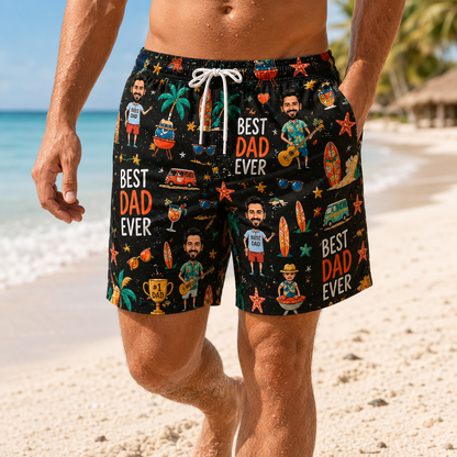 Custom Photo Dad Summer Beach Shorts, Personalized Matching Swim Trunks, Tropical Family Vacation Gift