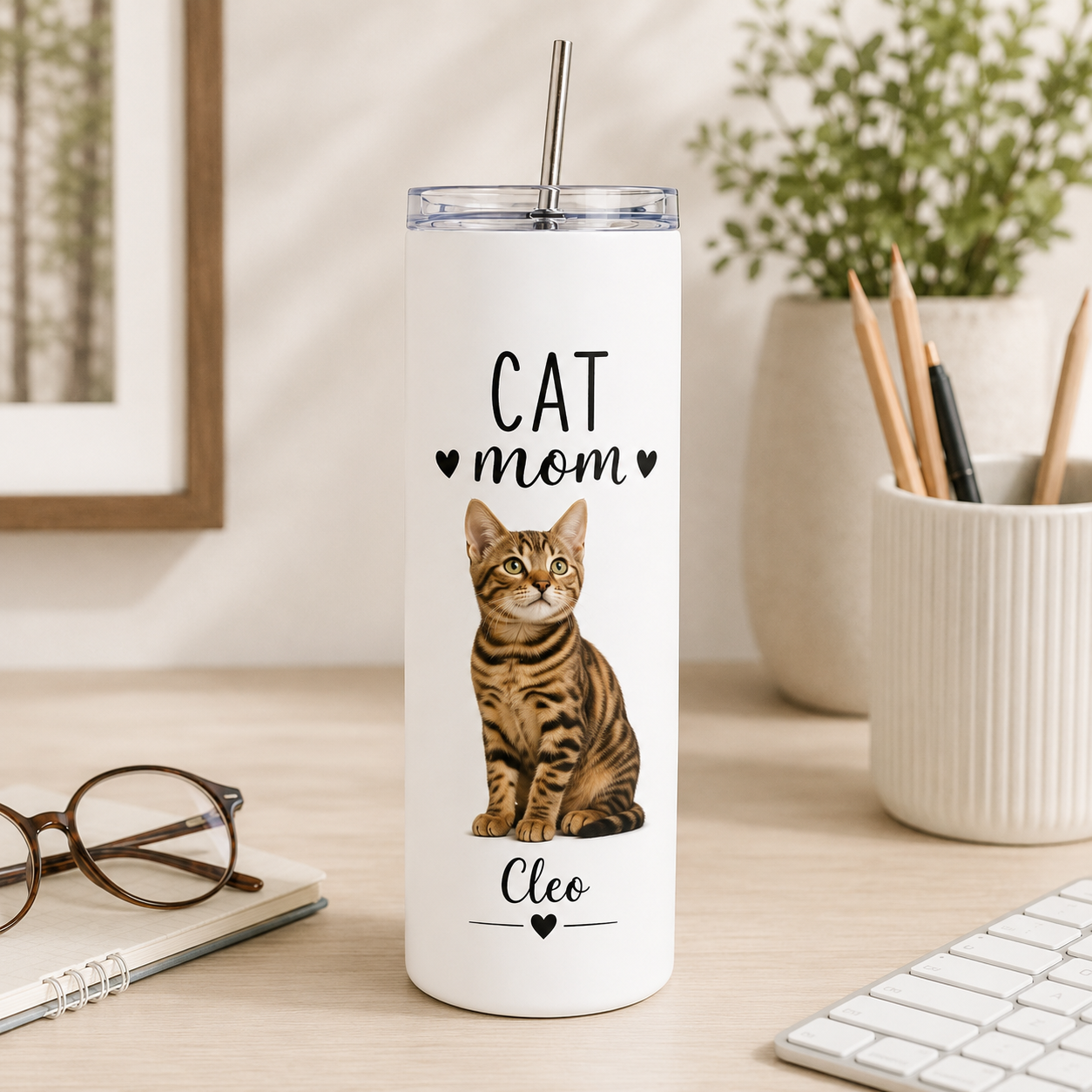 Personalized Photo Cat Mom 20oz Skinny Tumbler – Custom Cat Photo Skinny Tumbler for Woman and Cat Owners TOM99