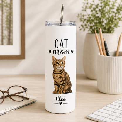 Personalized Photo Cat Mom 20oz Skinny Tumbler – Custom Cat Photo Skinny Tumbler for Woman and Cat Owners TOM99