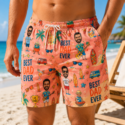 Custom Photo Dad Summer Beach Shorts, Personalized Matching Swim Trunks, Tropical Family Vacation Gift