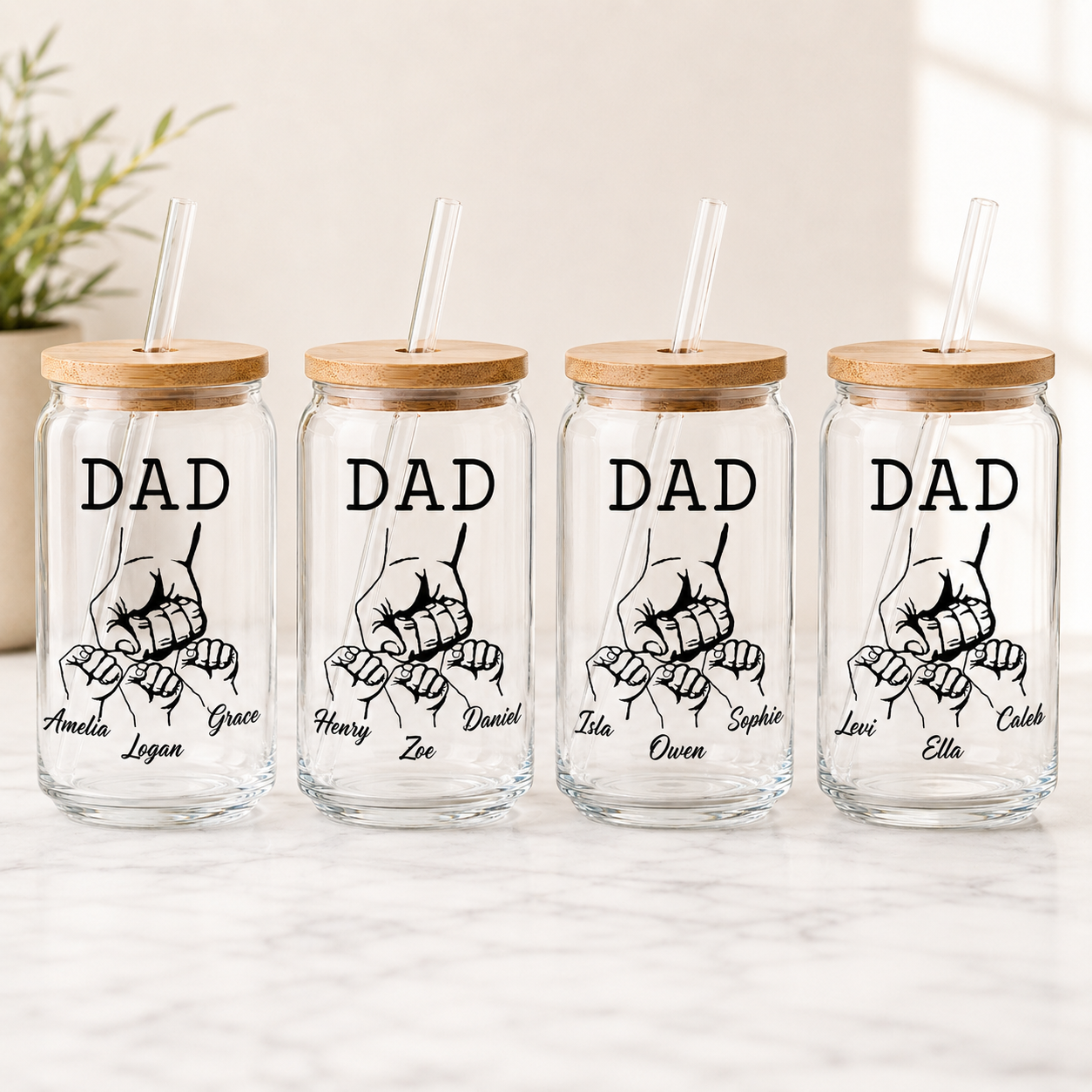 Custom Dad Bump Glass 16oz – Personalized Dad Glass Cup with Bamboo Lid & Straw | Gift For Father  TOM99