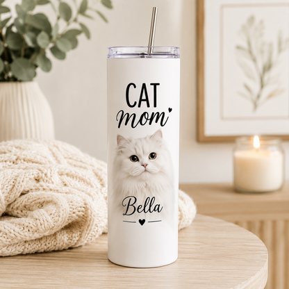 Personalized Photo Cat Mom 20oz Skinny Tumbler – Custom Cat Photo Skinny Tumbler for Woman and Cat Owners TOM99