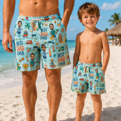 Custom Photo Dad Summer Beach Shorts, Personalized Matching Swim Trunks, Tropical Family Vacation Gift
