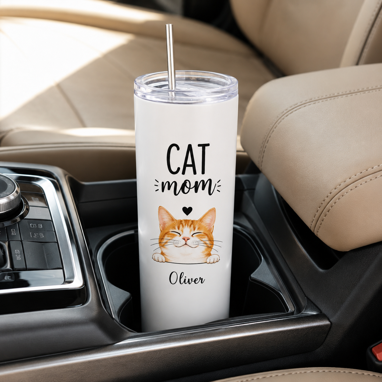 Personalized Photo Cat Mom 20oz Skinny Tumbler – Custom Cat Photo Skinny Tumbler for Woman and Cat Owners TOM99