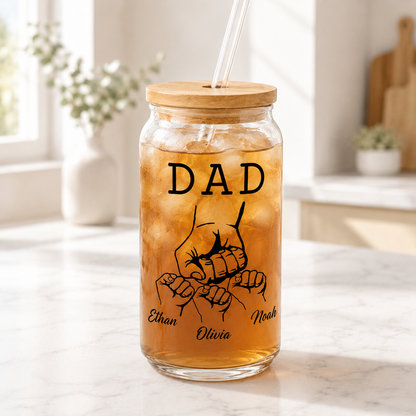 Custom Dad Bump Glass 16oz – Personalized Dad Glass Cup with Bamboo Lid & Straw | Gift For Father  TOM99