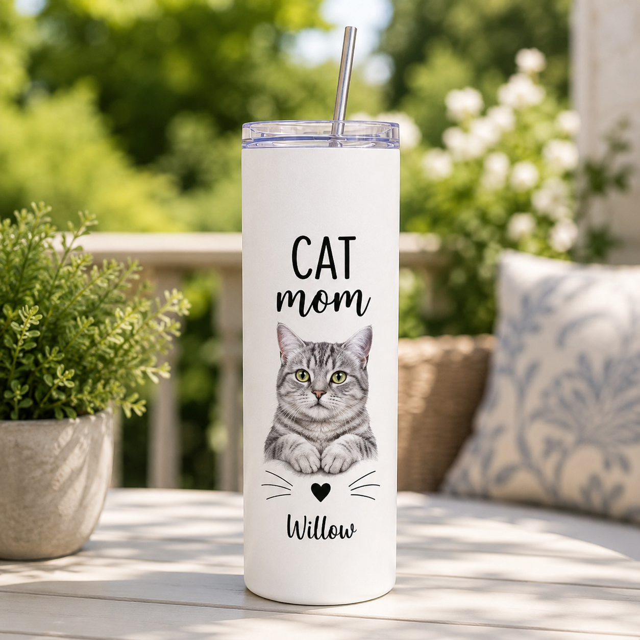 Personalized Photo Cat Mom 20oz Skinny Tumbler – Custom Cat Photo Skinny Tumbler for Woman and Cat Owners TOM99