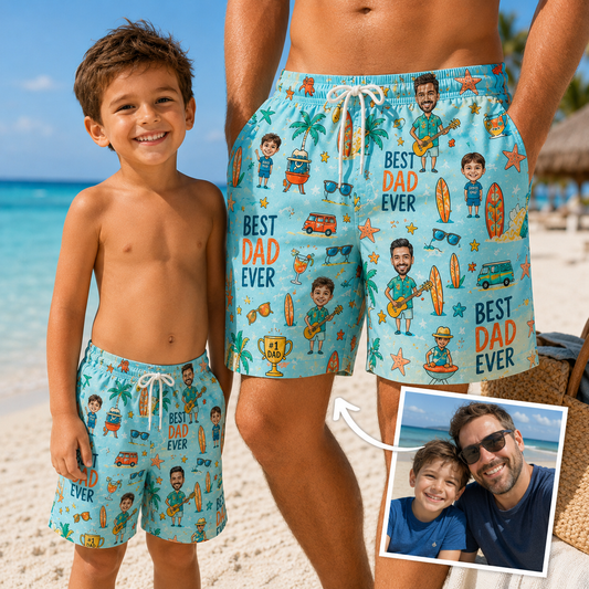 Custom Photo Dad Summer Beach Shorts, Personalized Matching Swim Trunks, Tropical Family Vacation Gift