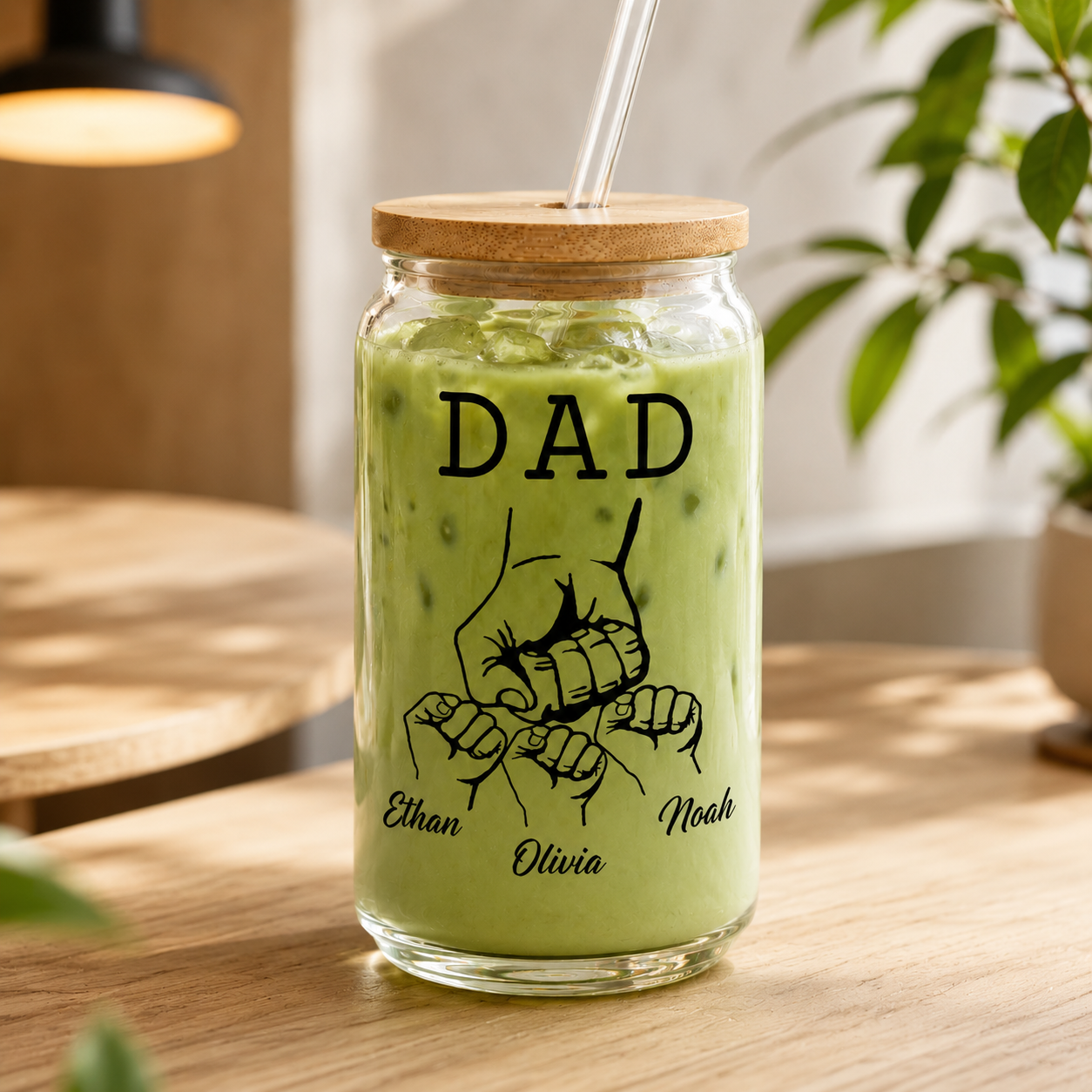 Custom Dad Bump Glass 16oz – Personalized Dad Glass Cup with Bamboo Lid & Straw | Gift For Father  TOM99