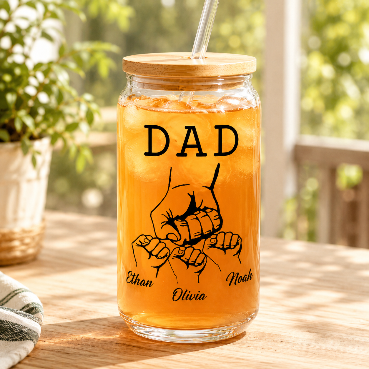 Custom Dad Bump Glass 16oz – Personalized Dad Glass Cup with Bamboo Lid & Straw | Gift For Father  TOM99