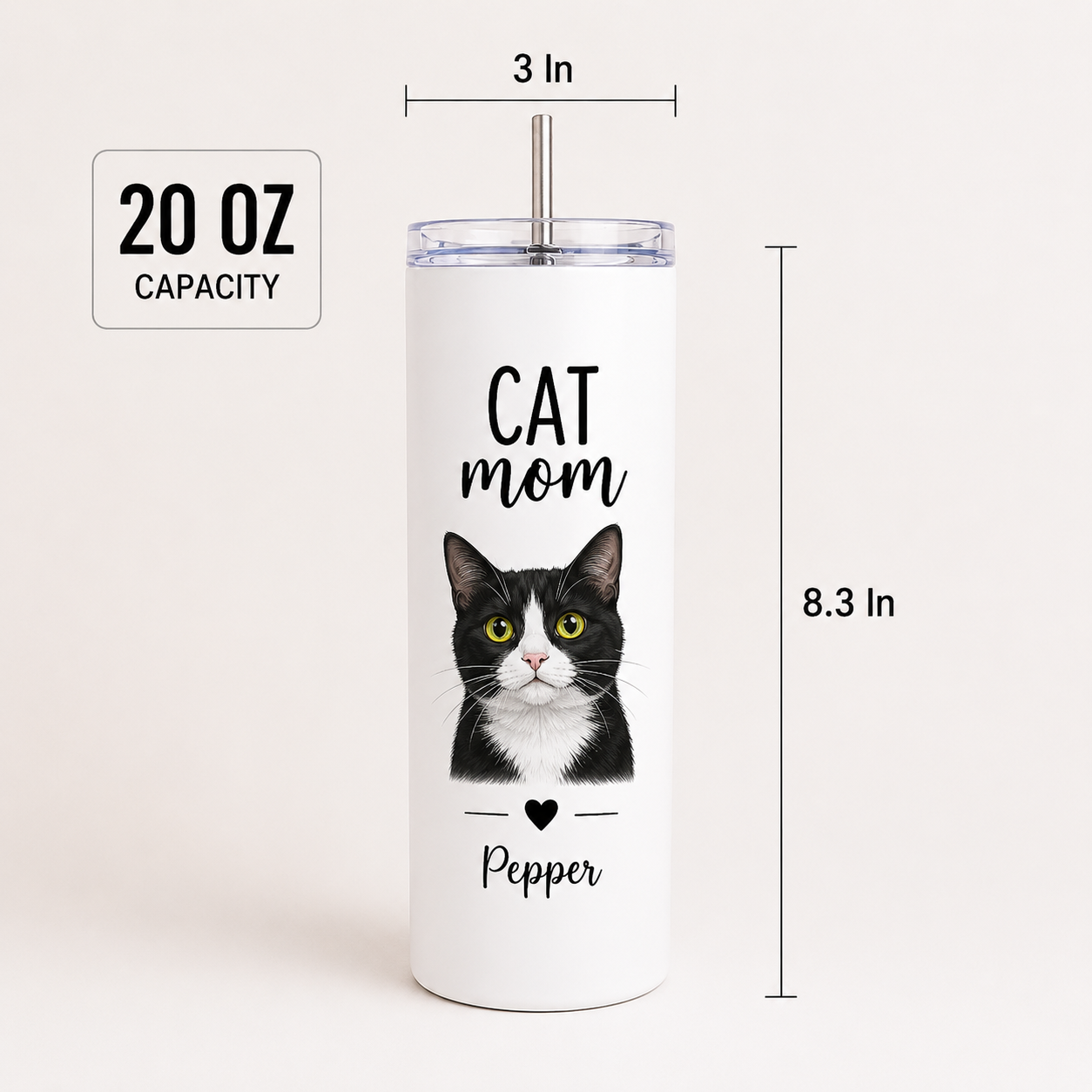 Personalized Photo Cat Mom 20oz Skinny Tumbler – Custom Cat Photo Skinny Tumbler for Woman and Cat Owners TOM99