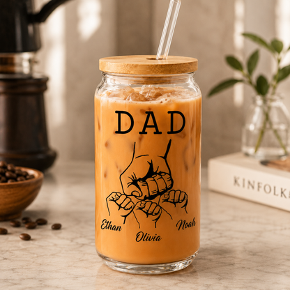 Custom Dad Bump Glass 16oz – Personalized Dad Glass Cup with Bamboo Lid & Straw | Gift For Father  TOM99
