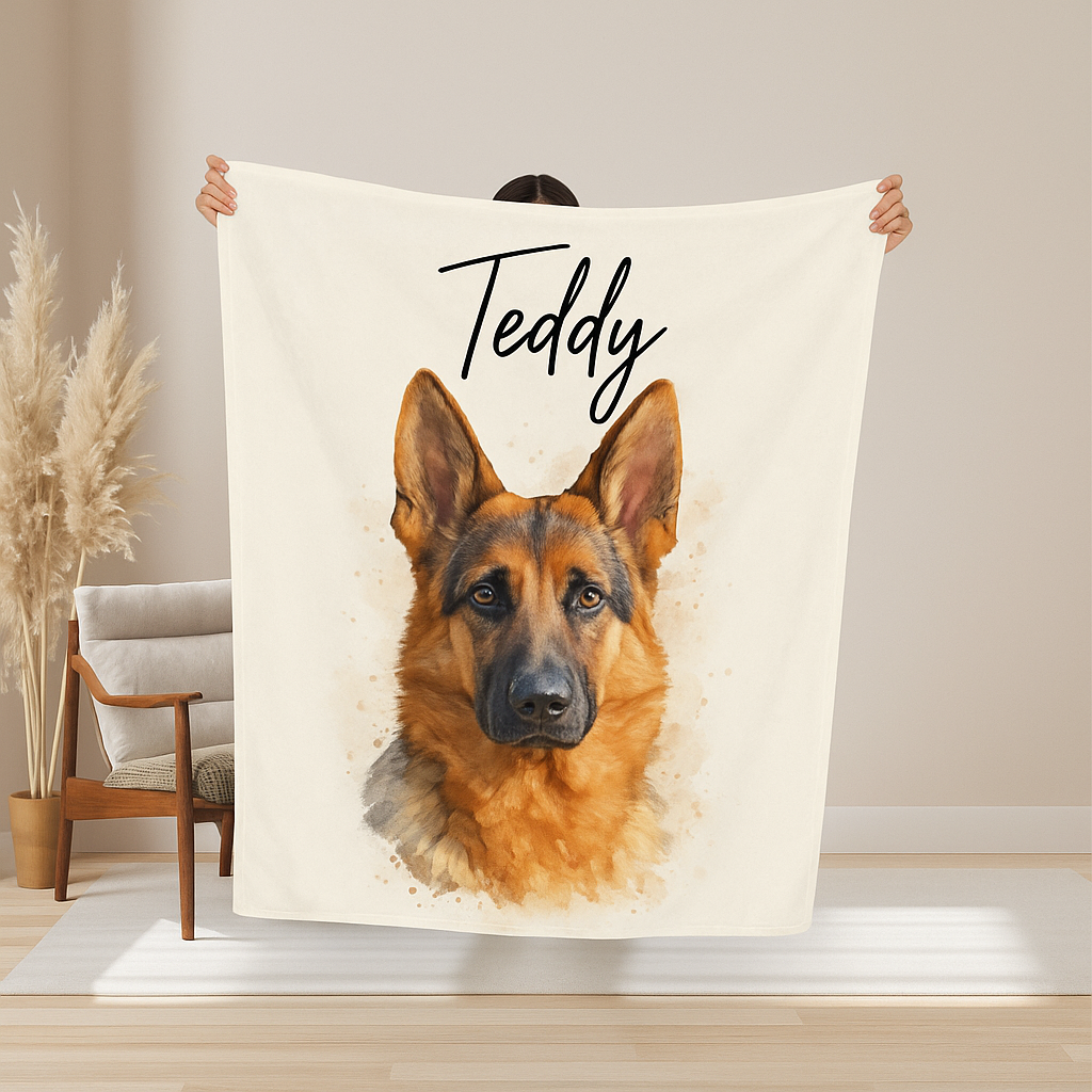 Custom Dog Portrait Photo Watercolor Blanket