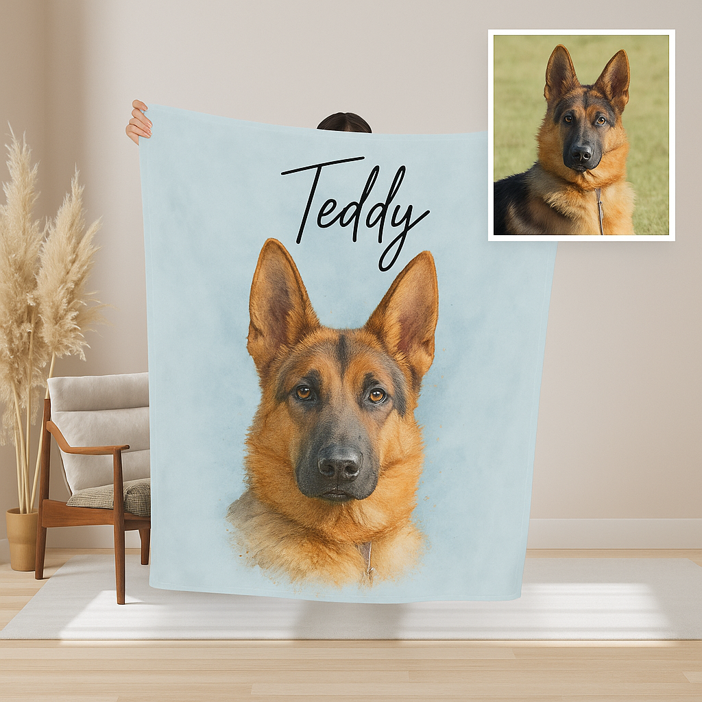 Custom Dog Portrait Photo Watercolor Blanket