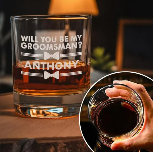 Personalized Groomsmen Wedding Whiskey Glass | Custom Groomsman Gift | Engraved Whiskey Glass