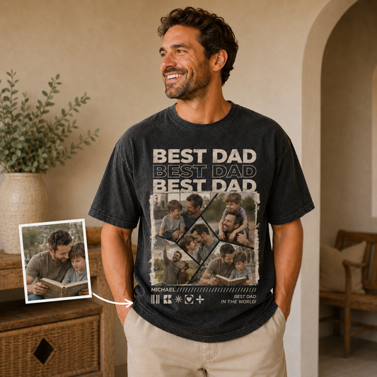 Custom Best Dad In The World Photo Wash T-Shirt, Personalized Dad Gifts | Gift For Dad TOM99