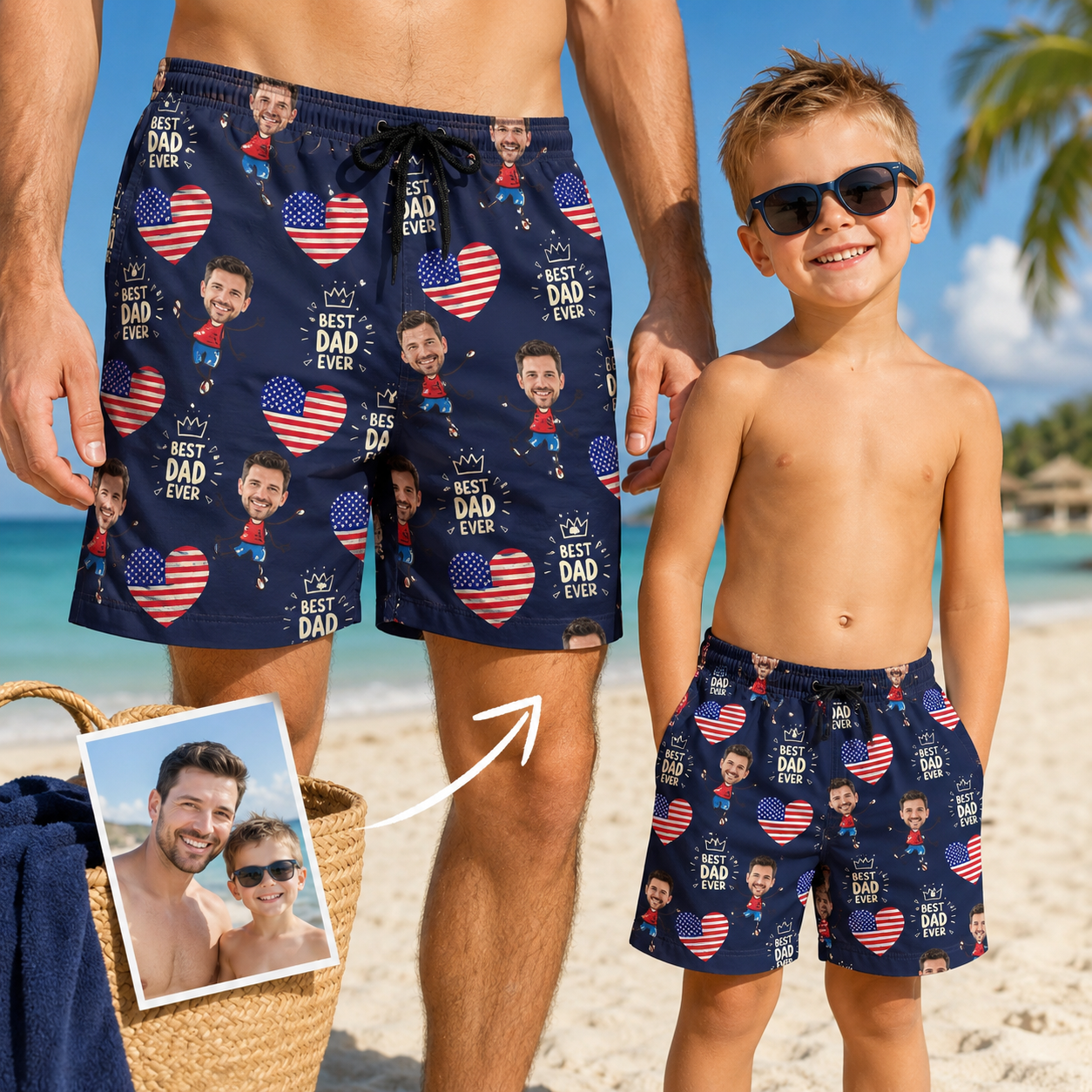 Custom Photo Best Dad Ever Summer Beach Shorts, Personalized Matching Swim Trunks, Tropical Family Vacation Gift