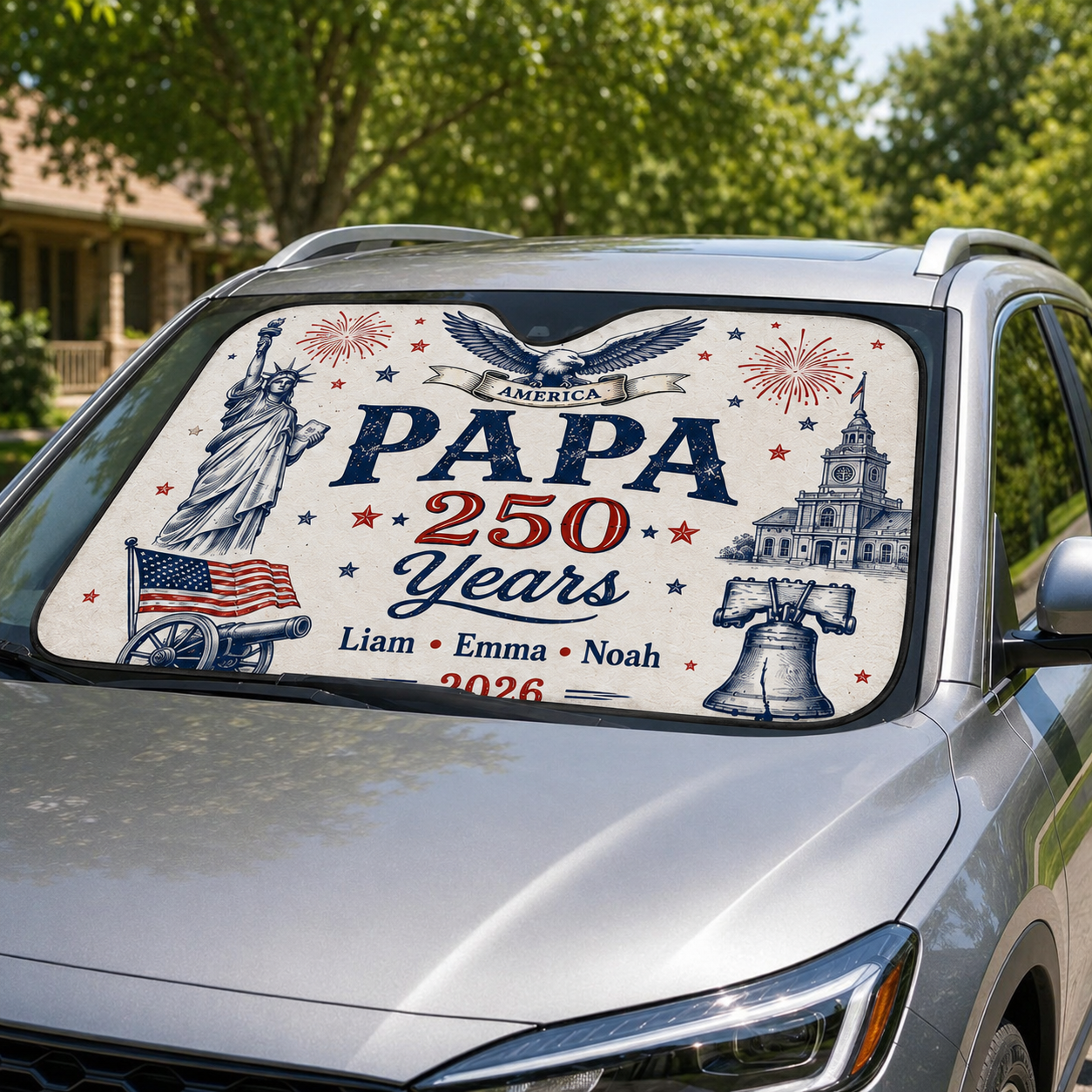 Personalized 250th Dad America Auto Car Sun Shade, Custom Car Sun Shade for Dad, Gift For Dad TOM99