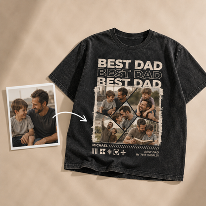 Custom Best Dad In The World Photo Wash T-Shirt, Personalized Dad Gifts | Gift For Dad TOM99