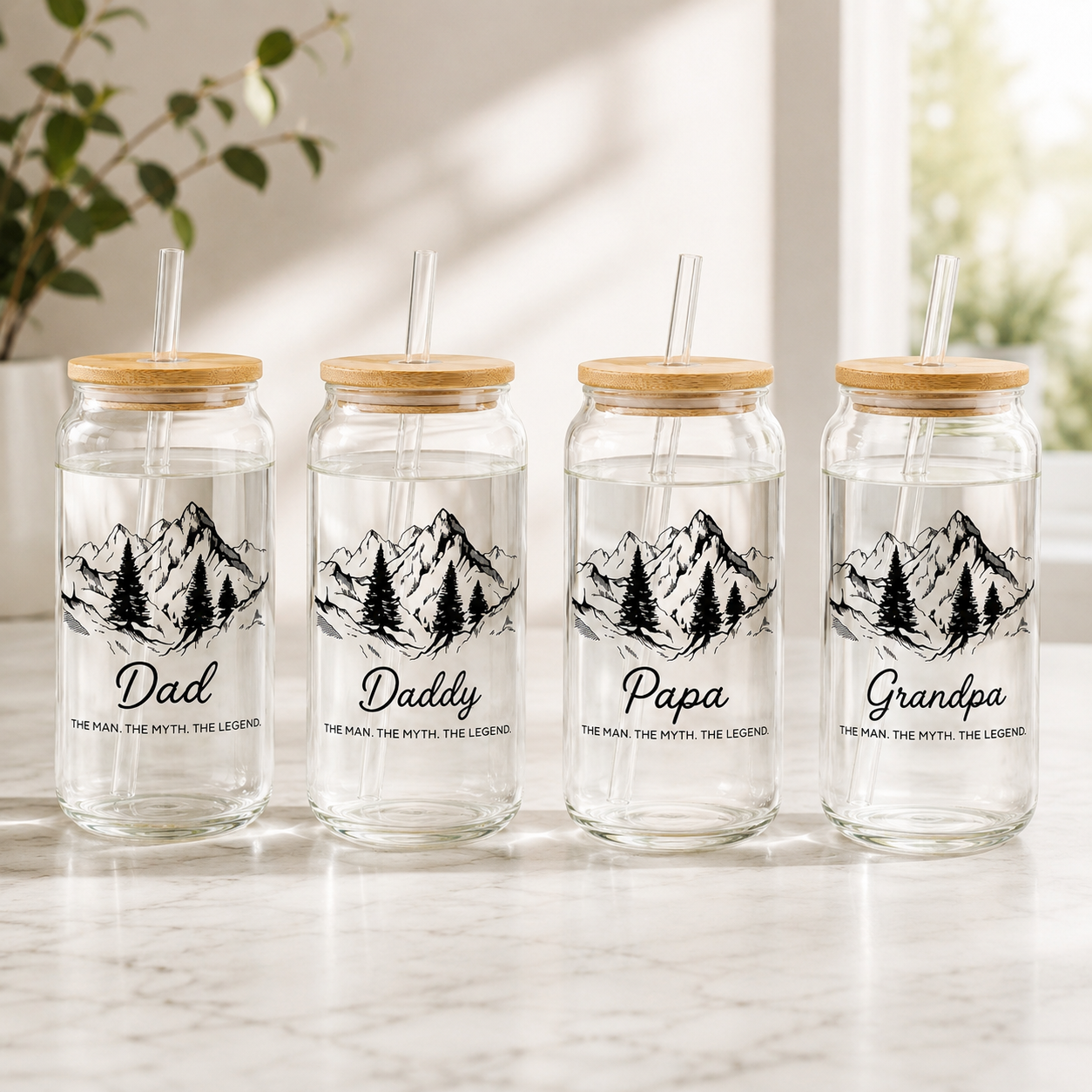 Custom Dad Mountain Glass 16oz – Personalized Dad Glass Cup with Bamboo Lid & Straw | Gift For Father  TOM99