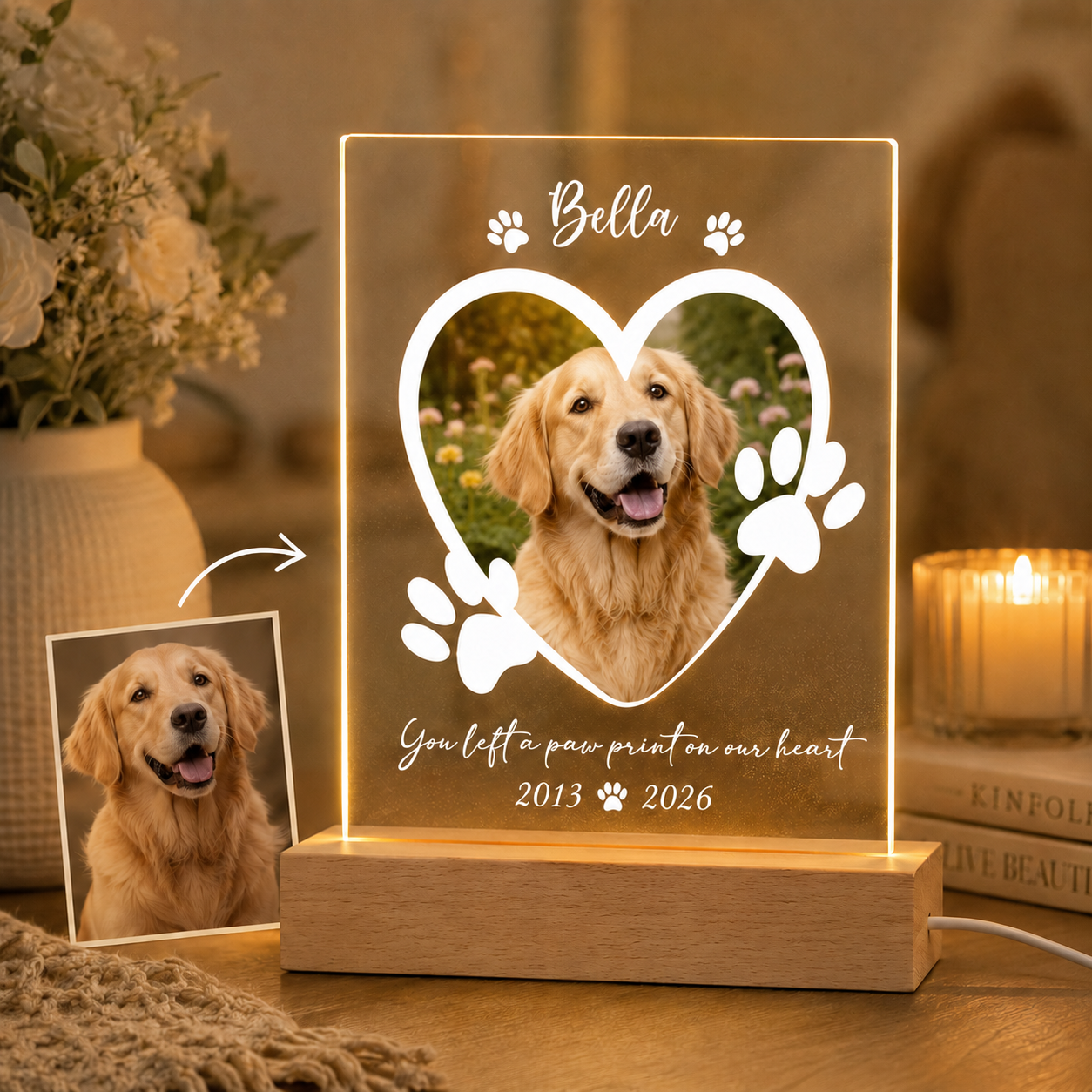 Custom Photo Dog Print On Our Heart Memorial Wooden LED Light | Personalized Dog Photo LED Night Light | Pet Loss Sympathy Gift TOM99
