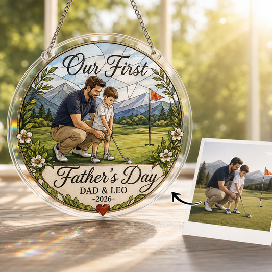 Custom Photo Dad & Son Stained Glass Suncatcher – Personalized Dad Gifts | Gift For Dad TOM99