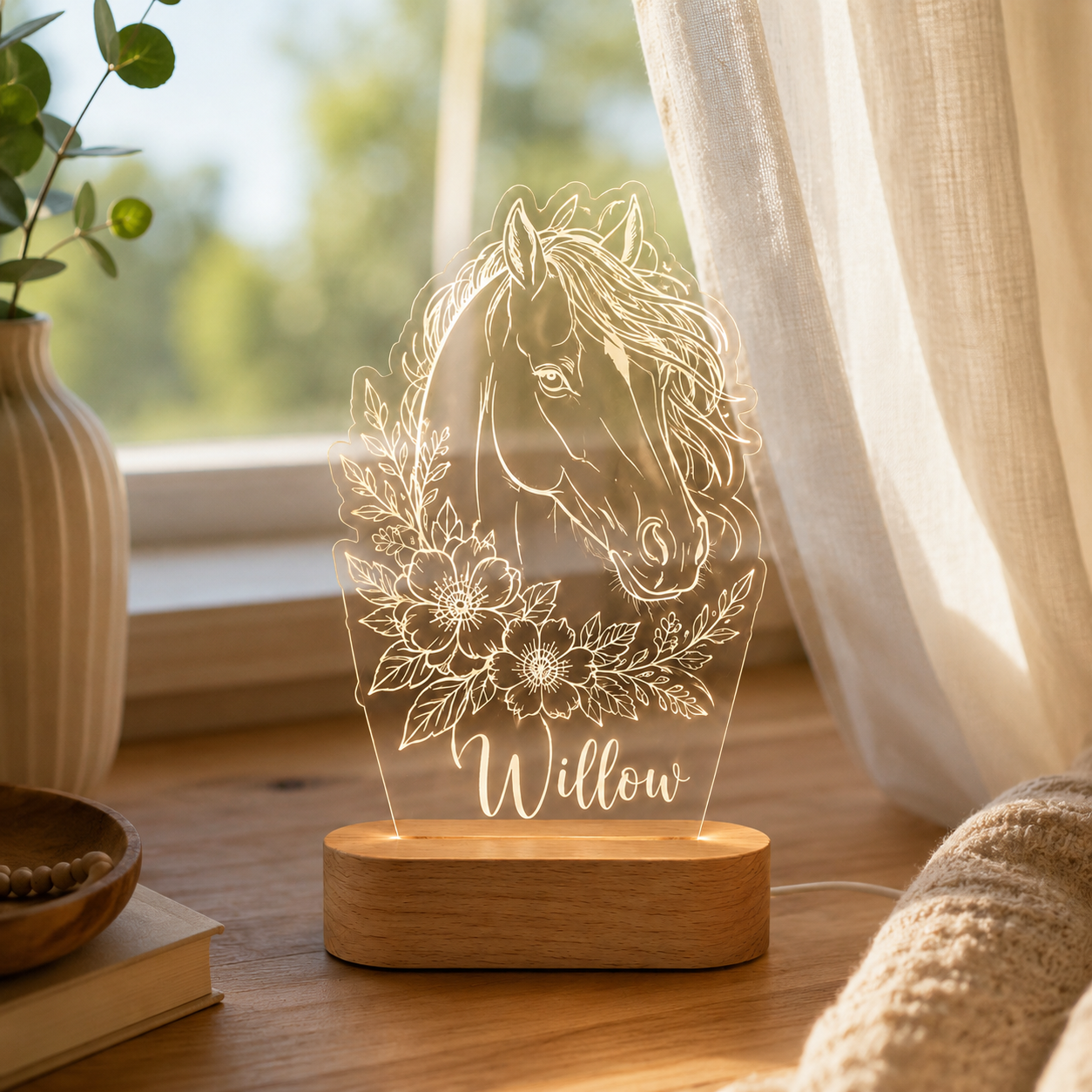 Custom Photo Horse Flower Wooden Led Light | Personalized Horse Photo Wooden Led Light | Gift For Horse Lovers TOM99