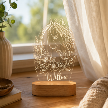 Custom Photo Horse Flower Wooden Led Light | Personalized Horse Photo Wooden Led Light | Gift For Horse Lovers TOM99