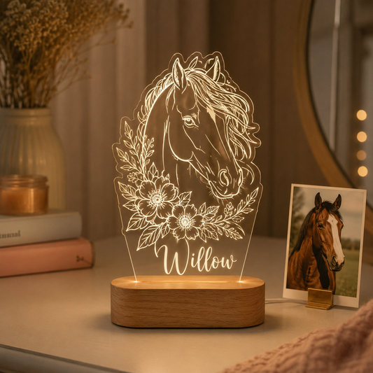 Custom Photo Horse Flower Wooden Led Light | Personalized Horse Photo Wooden Led Light | Gift For Horse Lovers TOM99