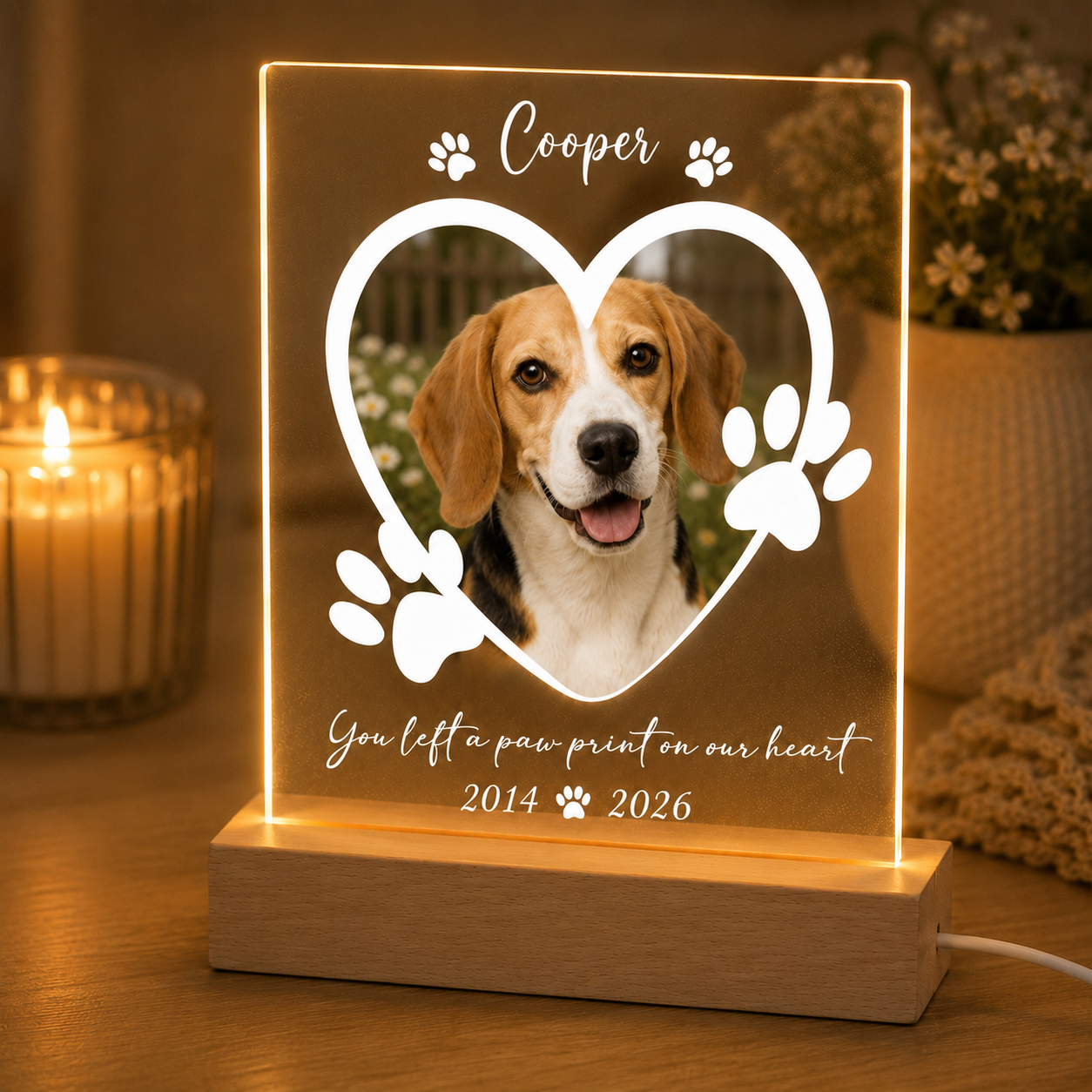 Custom Photo Dog Print On Our Heart Memorial Wooden LED Light | Personalized Dog Photo LED Night Light | Pet Loss Sympathy Gift TOM99