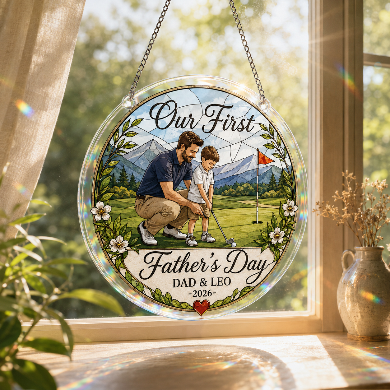 Custom Photo Dad & Son Stained Glass Suncatcher – Personalized Dad Gifts | Gift For Dad TOM99