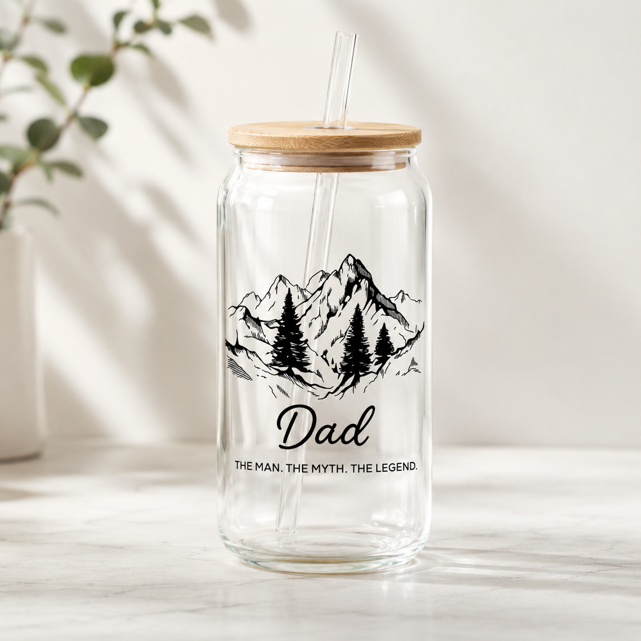 Custom Dad Mountain Glass 16oz – Personalized Dad Glass Cup with Bamboo Lid & Straw | Gift For Father  TOM99