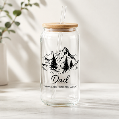 Custom Dad Mountain Glass 16oz – Personalized Dad Glass Cup with Bamboo Lid & Straw | Gift For Father  TOM99