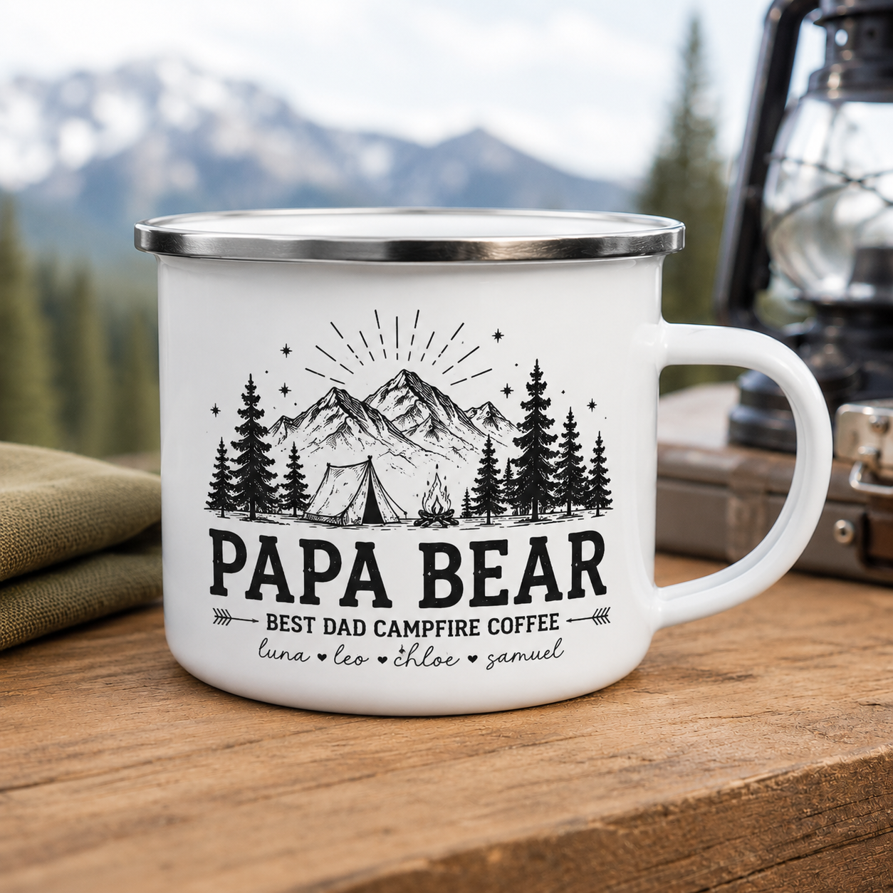 Personalized Papa Bear Dad Camp Mug 12oz, Custom Dad Enamel Cup, Gift For Dad TOM99