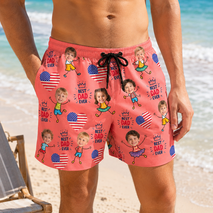 Custom Photo Best Dad Ever Summer Beach Shorts, Personalized Matching Swim Trunks, Tropical Family Vacation Gift