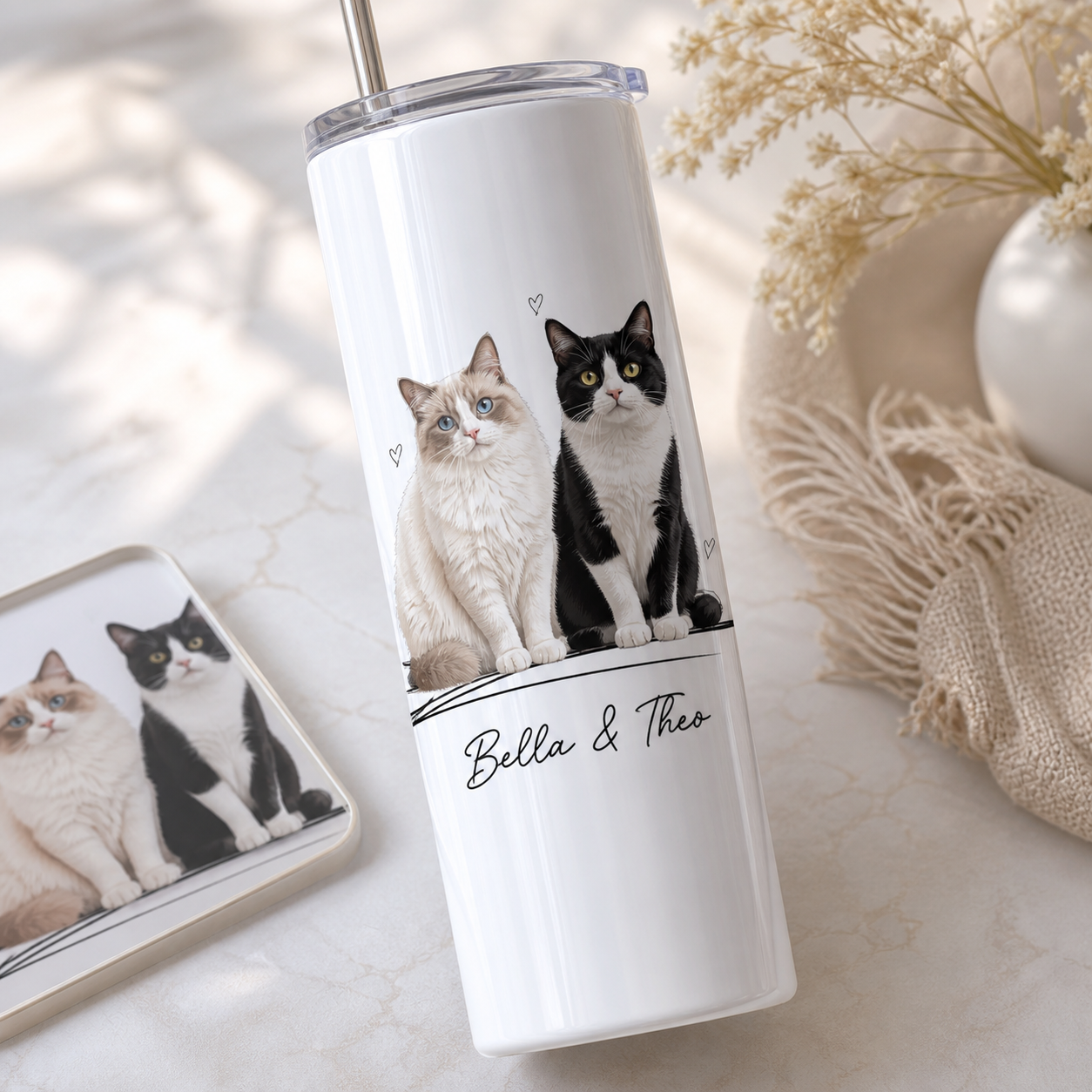 Personalized Photo Cat 20oz Skinny Tumbler – Custom Cat Photo Skinny Tumbler for Woman and Cat Owners TOM99
