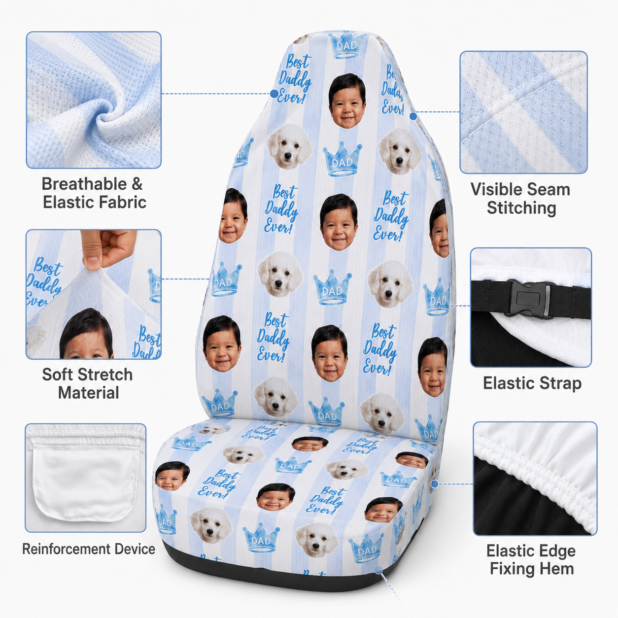 Personalized Dad & Son Portrait Car Seat Cover, Custom Dad Seat Protector, Gift For Dad TOM99