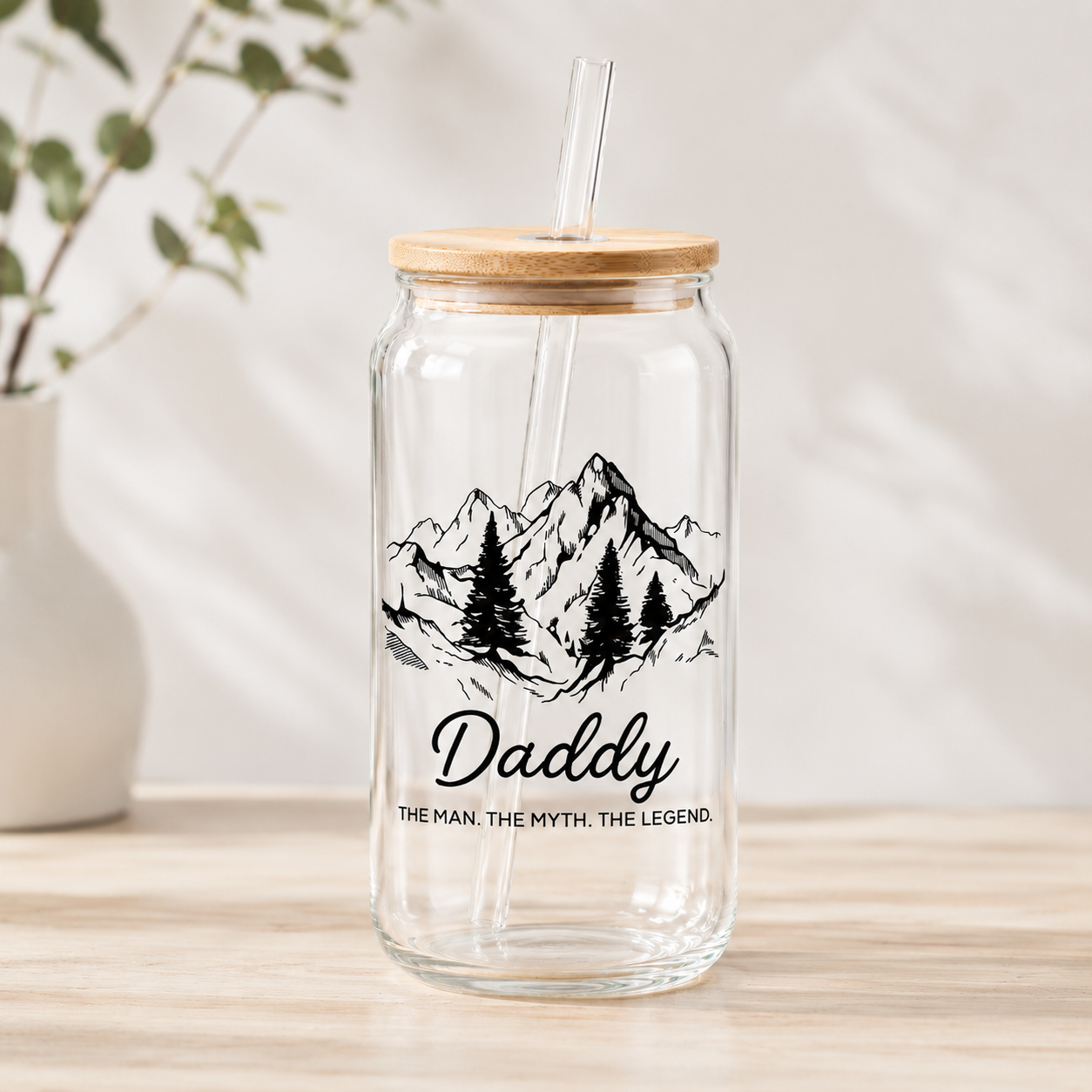 Custom Dad Mountain Glass 16oz – Personalized Dad Glass Cup with Bamboo Lid & Straw | Gift For Father  TOM99